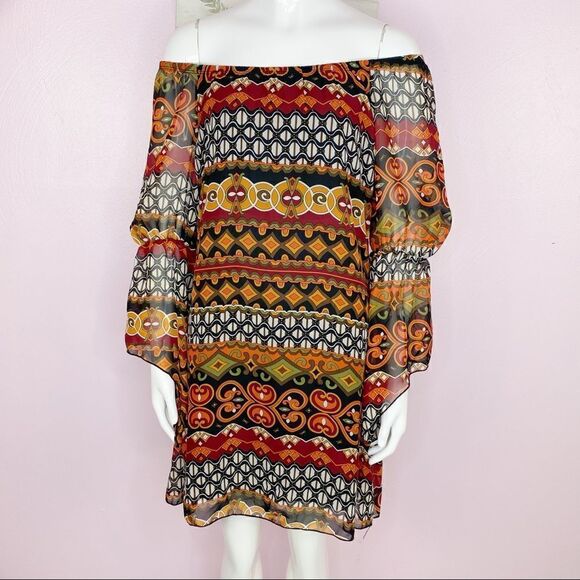 Voll Off The Shoulder Multi Print Shift Dress Split Handkerchief Sleeve Small - Picture 1 of 15
